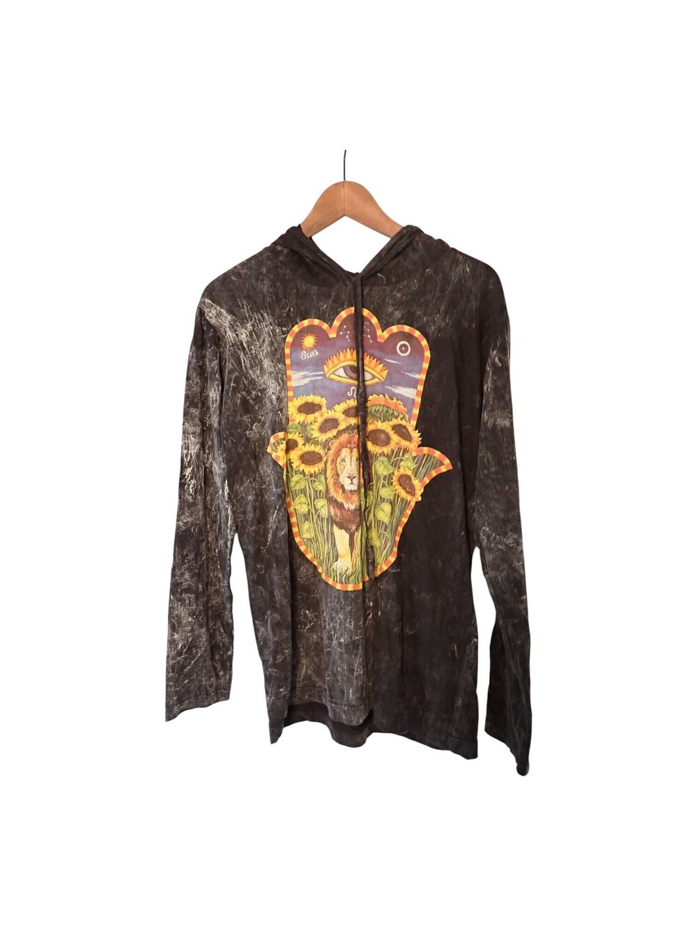 Mexicali Blues S Acid Wash Graphic Hoodie Hamsa Hand Lion Sunflower Boho Maine